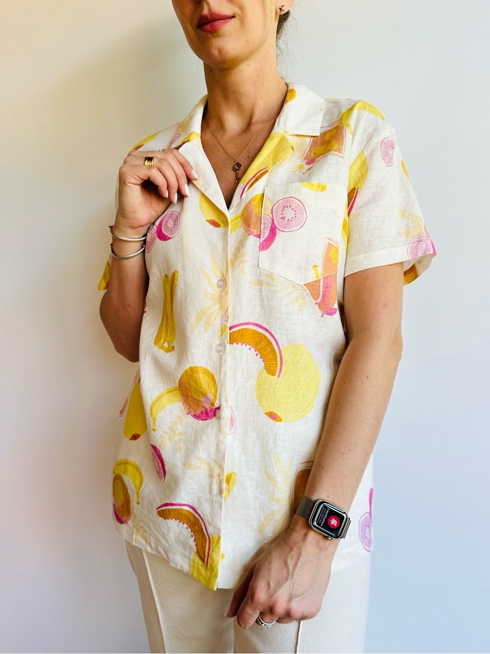Charlie Holiday Tropical Fruit Linen Cotton Button Front Short Sleeve Camp Shirt
